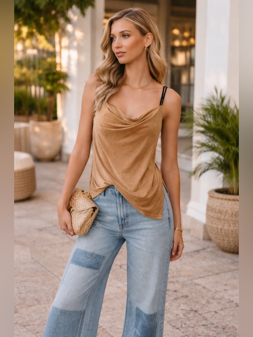 ZARA Draped Cowl Neck Camisole Top ✨ Open Back Neutral Chic Blogger Favorite